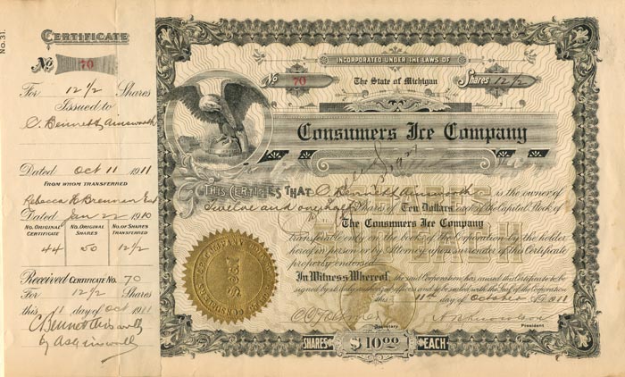 Consumers Ice Co. - Stock Certificate
